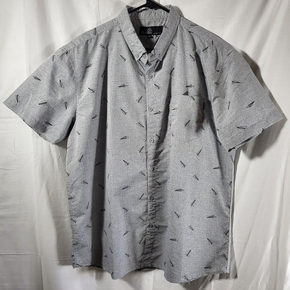 Molokai Surf Co Mens XXL Gray Paper Airplane Print Short Sleeve Button Down